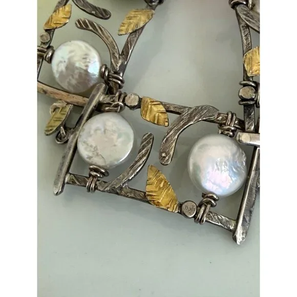 Vintage 90s Modernist Donna Burdic Bracelet Coin Pearls Sterling Gold Leaves
